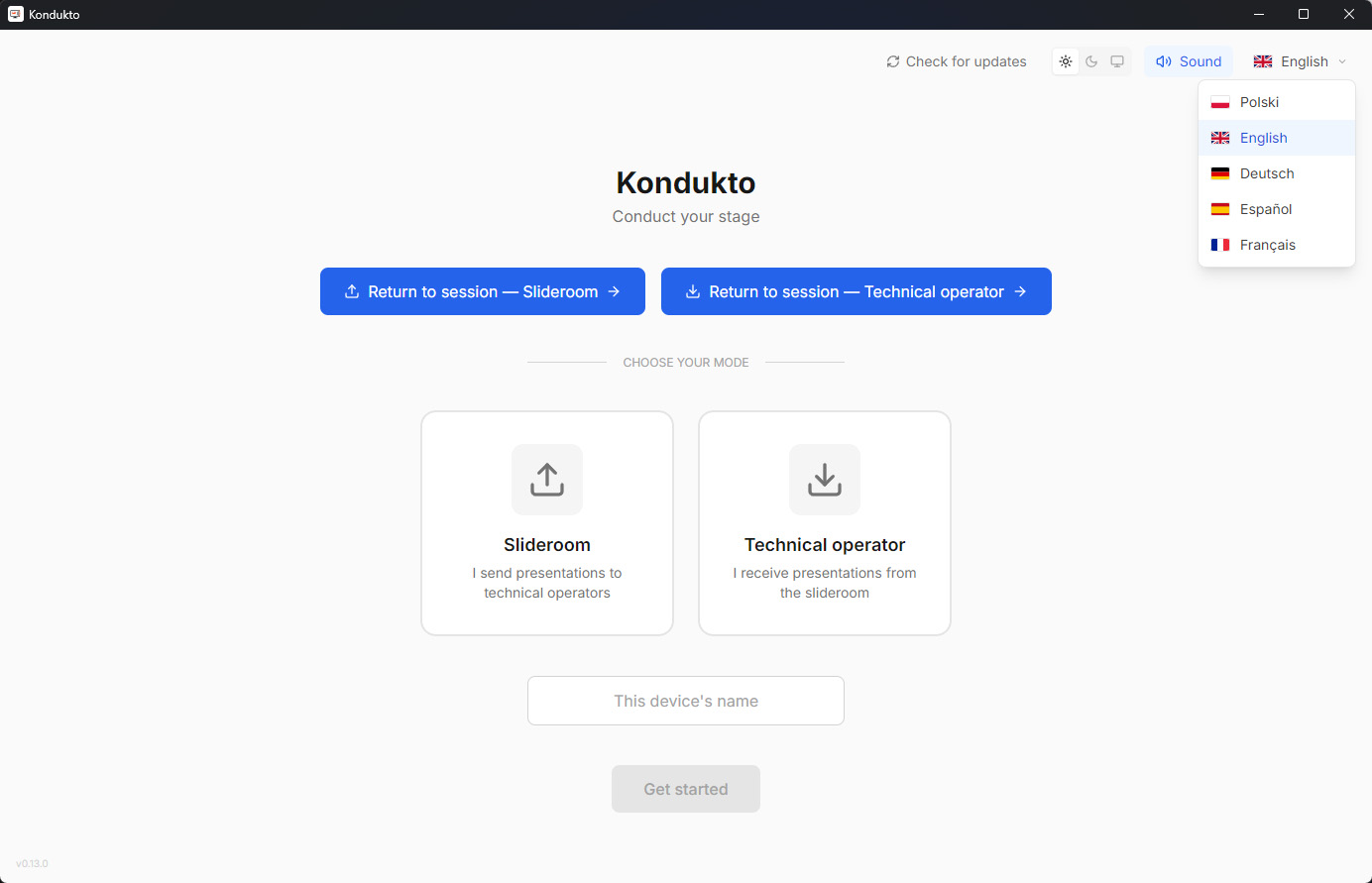 Okno startowe Kondukto — wybór roli (Slideroom albo Technical operator), dropdown z 5 językami i pole z nazwą urządzenia